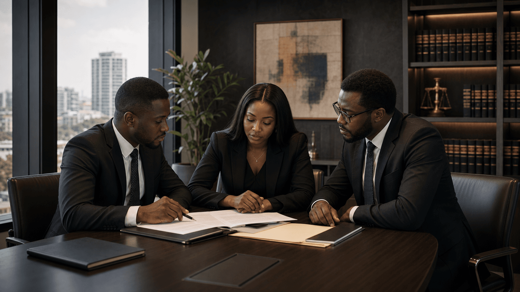 Black legal professionals reviewing contract documents